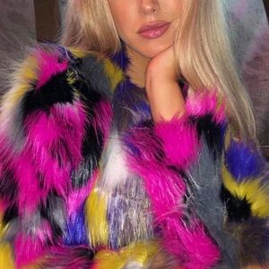 Multi Baddie Fashion Colorful Faux Fur Women's Jacket Coat NWT Furry